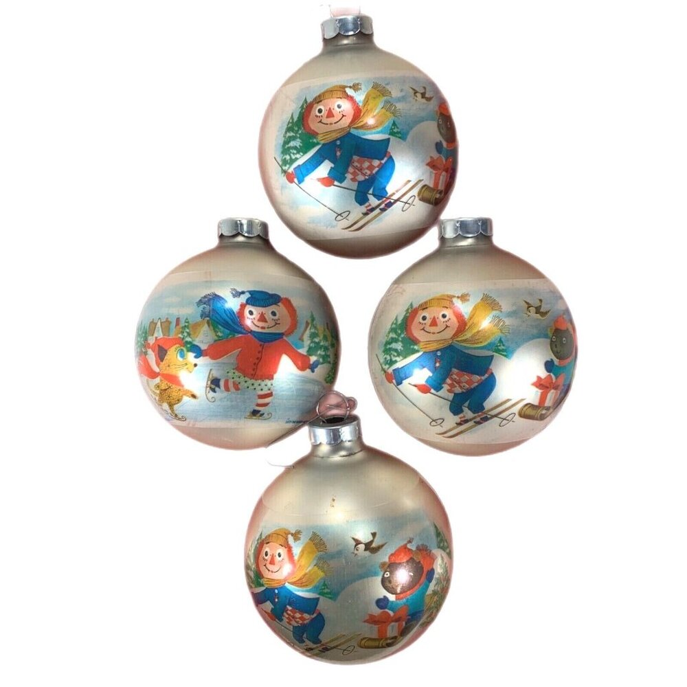 Vtg 1973 Raggedy Ann Andy Glass Christmas Ornaments Set Of 4 Ski Bobbs Merrill